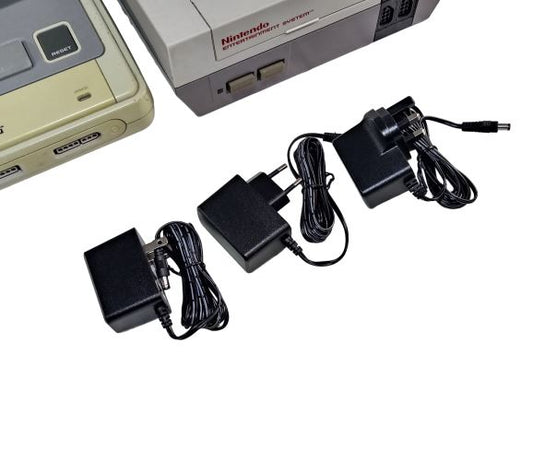 EU, US and UK plug regulated power supplies for Nintendo NES and SNES PAL